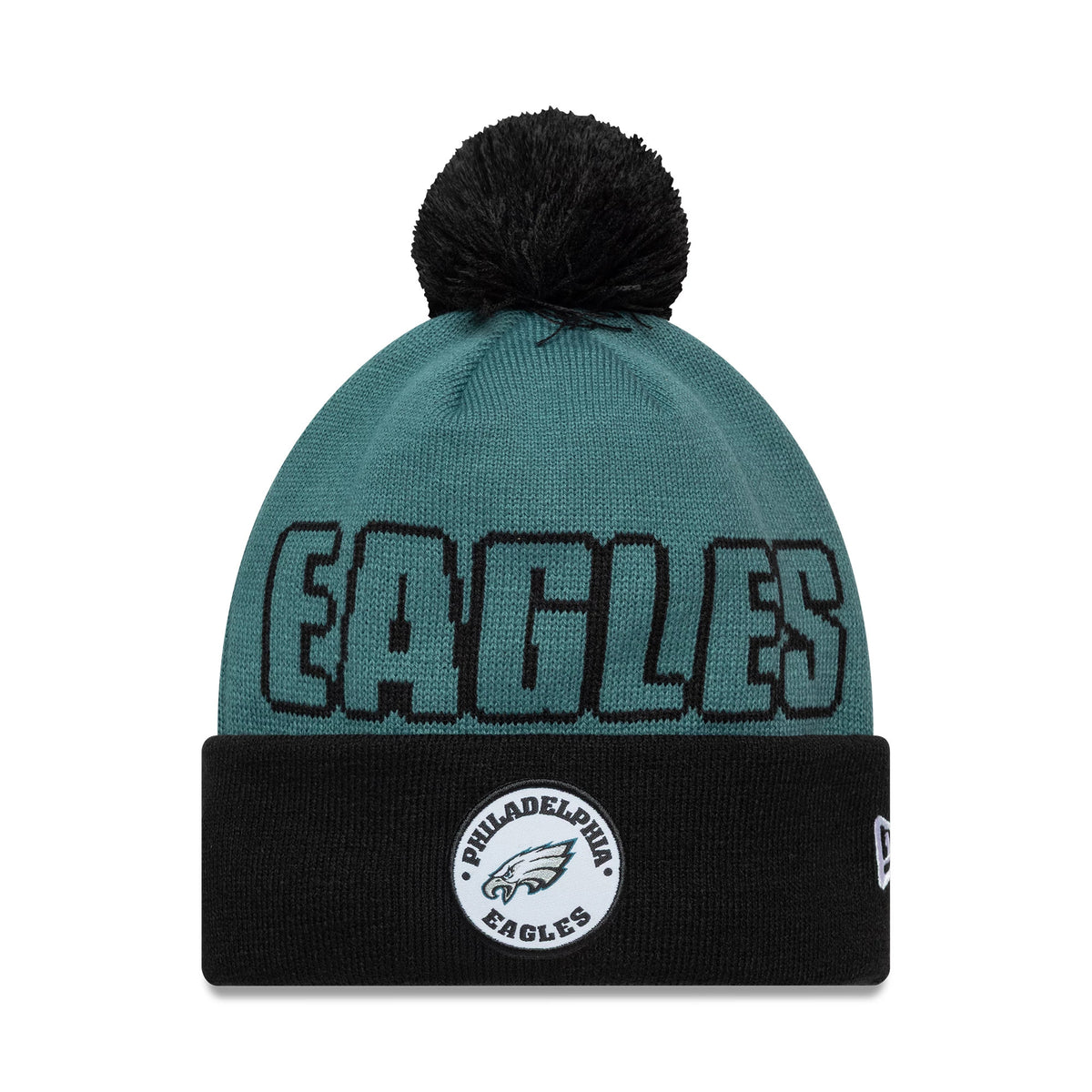 Pictured is this NFL International Games 2026 London Philadelphia Eagles Cuff Knit Beanie hat in dark green. 1
