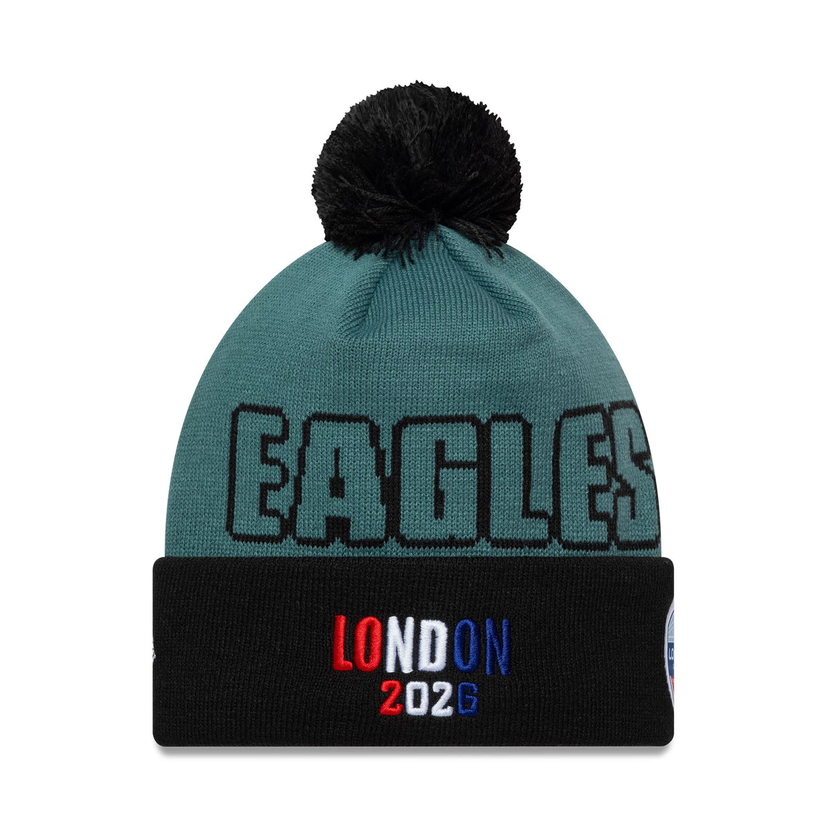 Pictured is this NFL International Games 2026 London Philadelphia Eagles Cuff Knit Beanie hat in dark green. 2