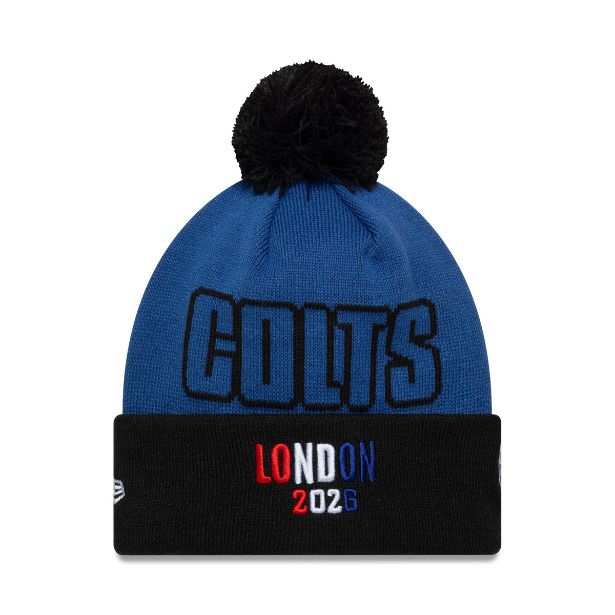 Pictured is this NFL International Games 2026 London Indianapolis Colts Cuff Knit Beanie hat in blue. 2