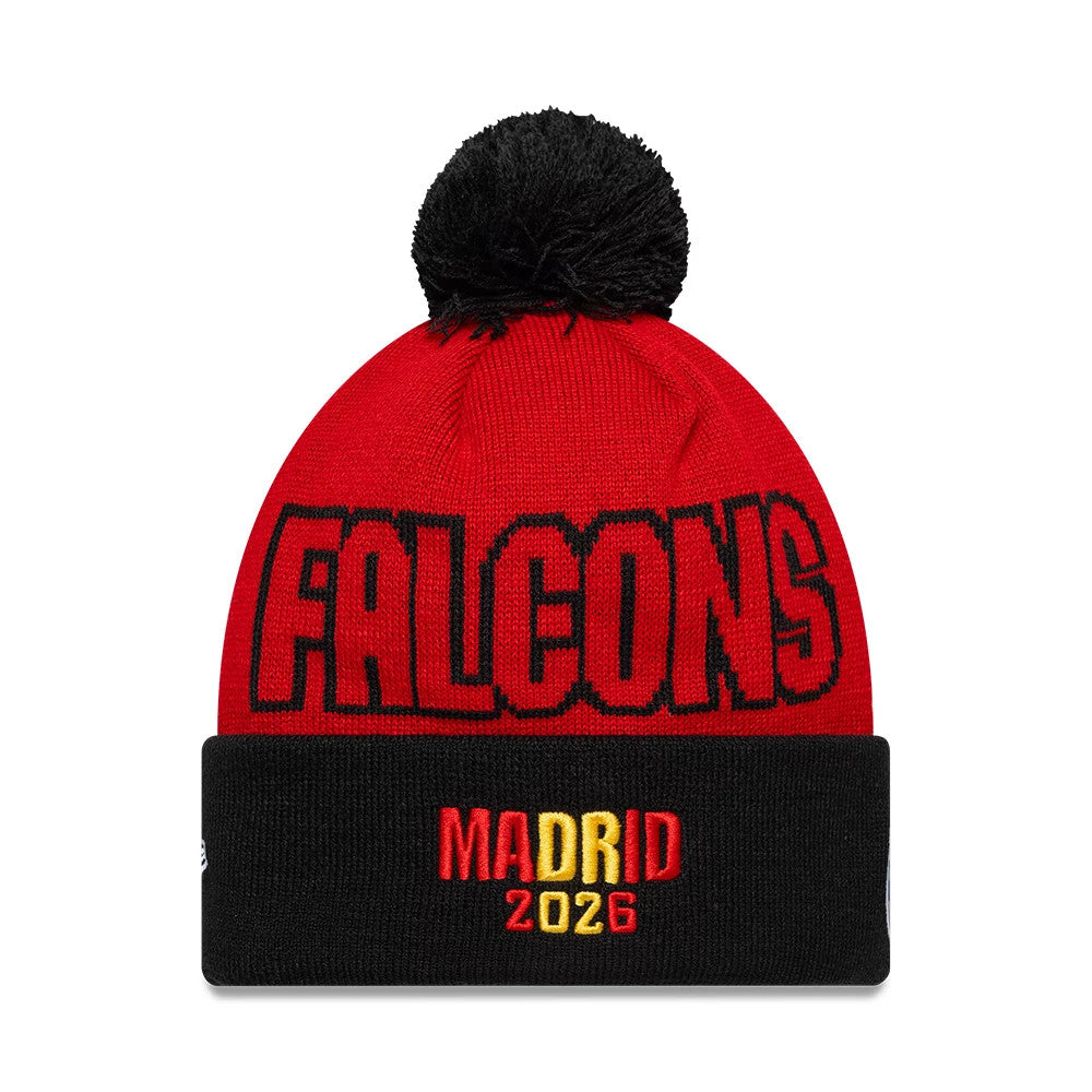 Pictured is this NFL International Games 2026 Madrid Atlanta Falcons Cuff Knit Beanie hat in red. 2