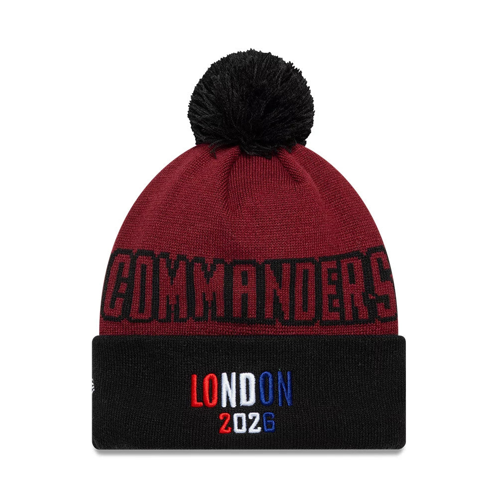 Pictured is this NFL International Games 2026 London Washington Commanders Cuff Knit Beanie hat in dark red. 2