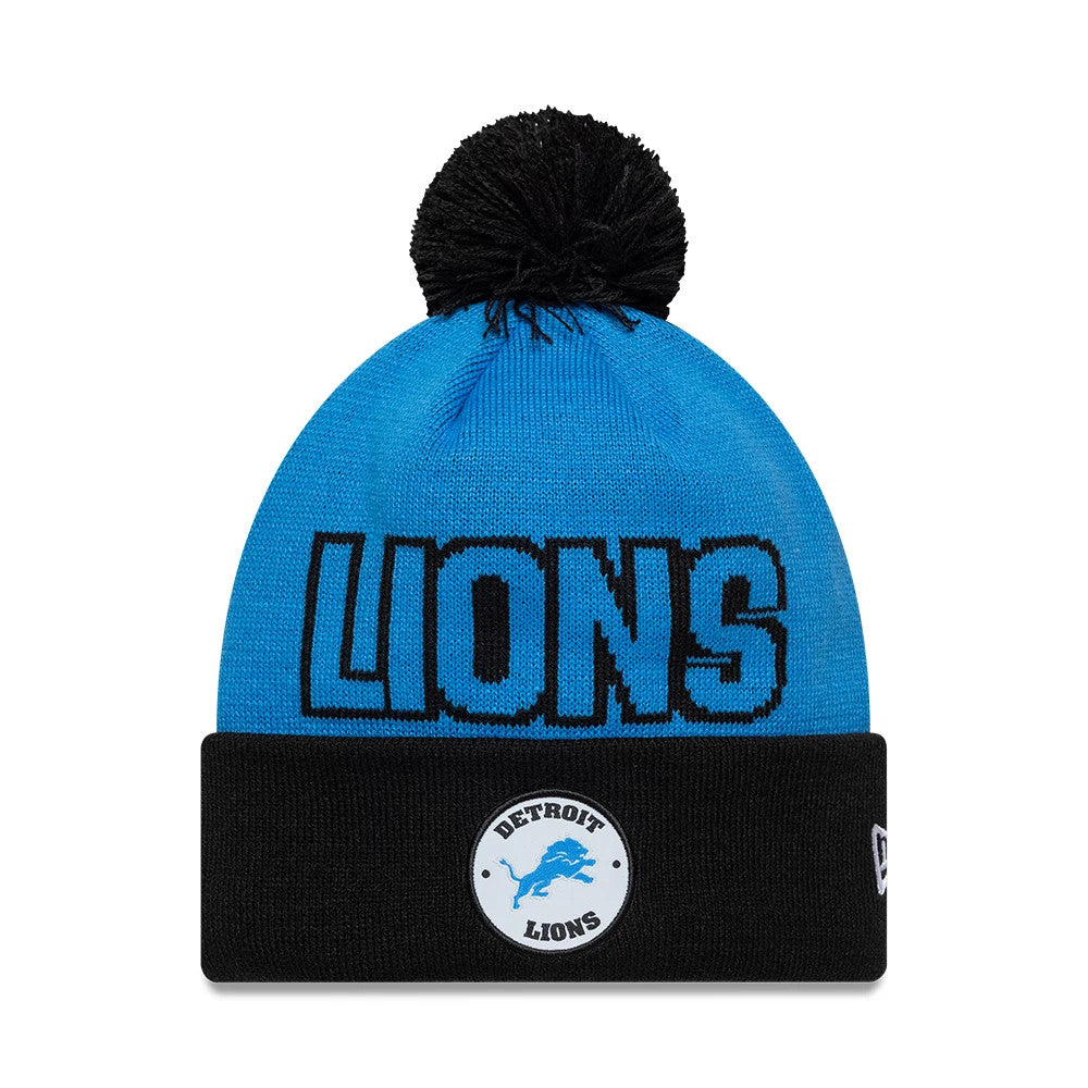 Pictured is this NFL International Games 2026 Munich Detroit Lions Cuff Knit Beanie hat in blue. 1