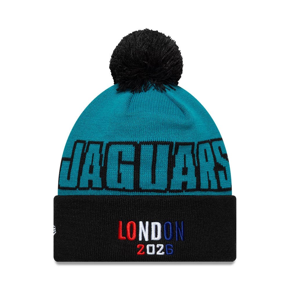 Pictured is this NFL International Games 2026 London Jacksonville Jaguars Cuff Knit Beanie hat in turquoise. 2