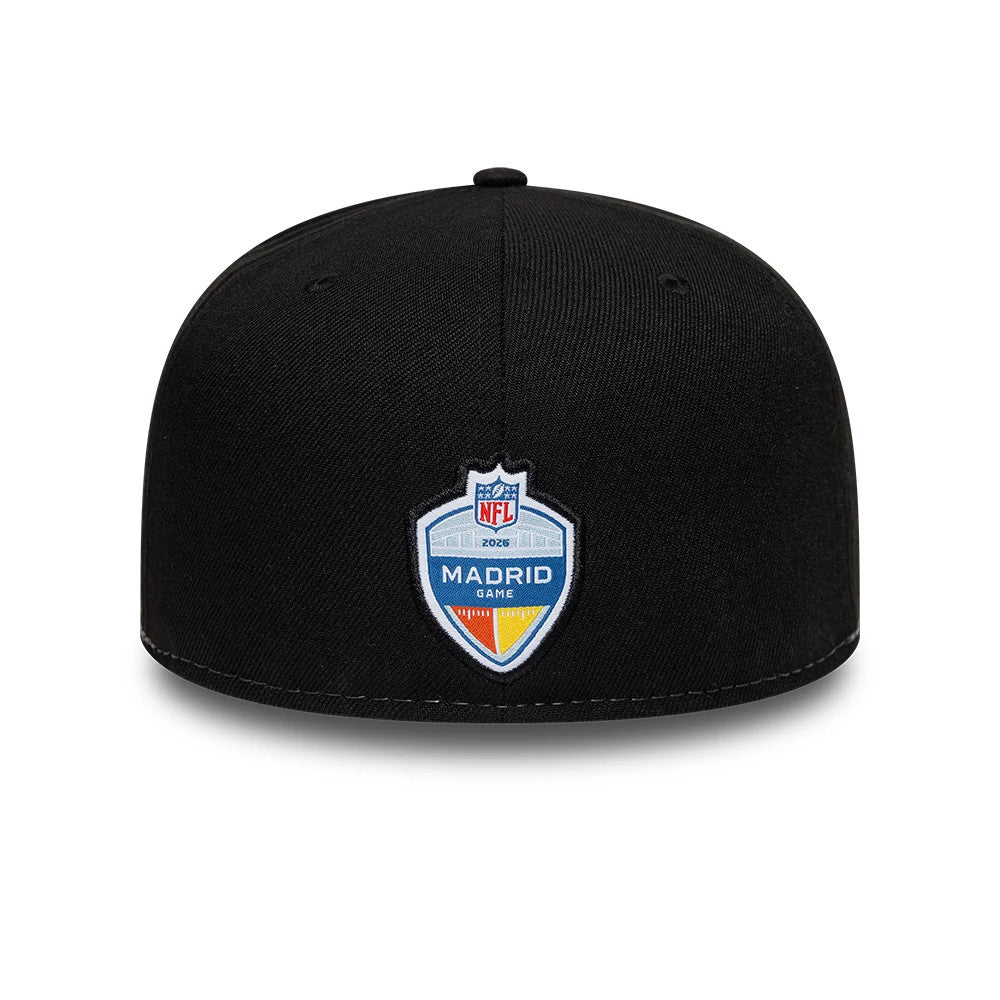 Bengals NFL International Games Black New Era 59FIFTY Fitted Cap, rear view showing the embroidered NFL Madrid Game logo patch at the centre back on the structured black crown, with a top button matching the black fabric.