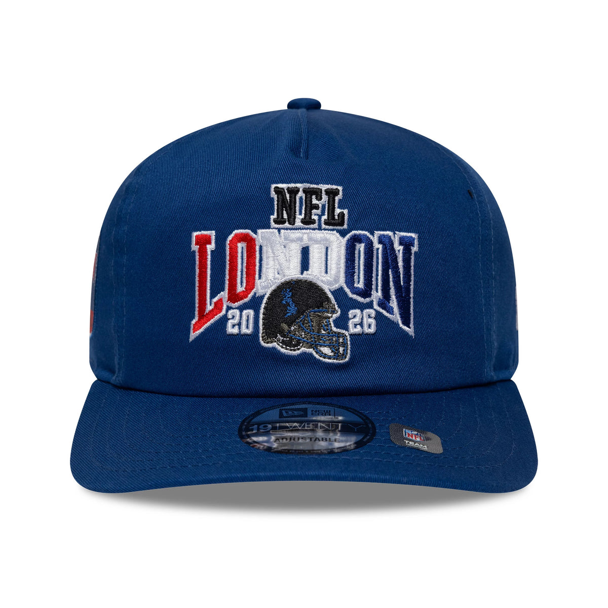 Indianapolis Colts NFL International Games 2026 London Blue New Era 19TWENTY Adjustable Cap, front view showing detailed embroidery of the NFL London 2026 graphic with a football helmet, a flat blue visor, and a 19TWENTY size sticker.