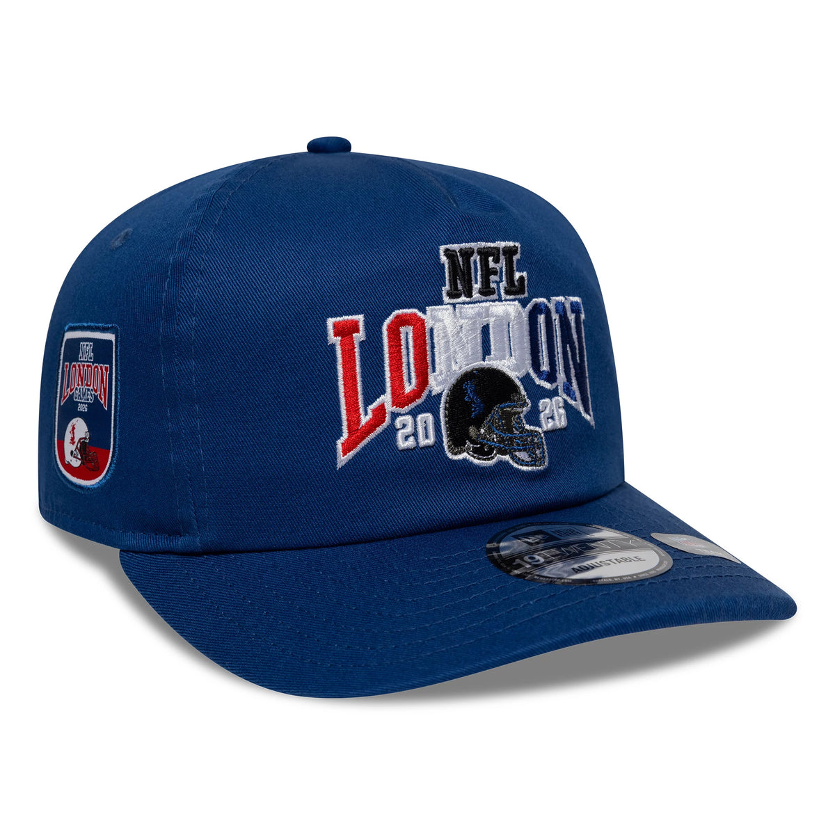 Indianapolis Colts NFL International Games 2026 London Blue New Era 19TWENTY Adjustable Cap, three-quarter view showing the embroidered NFL London 2026 logo on the front panel, blue curved visor with a 19TWENTY size sticker.