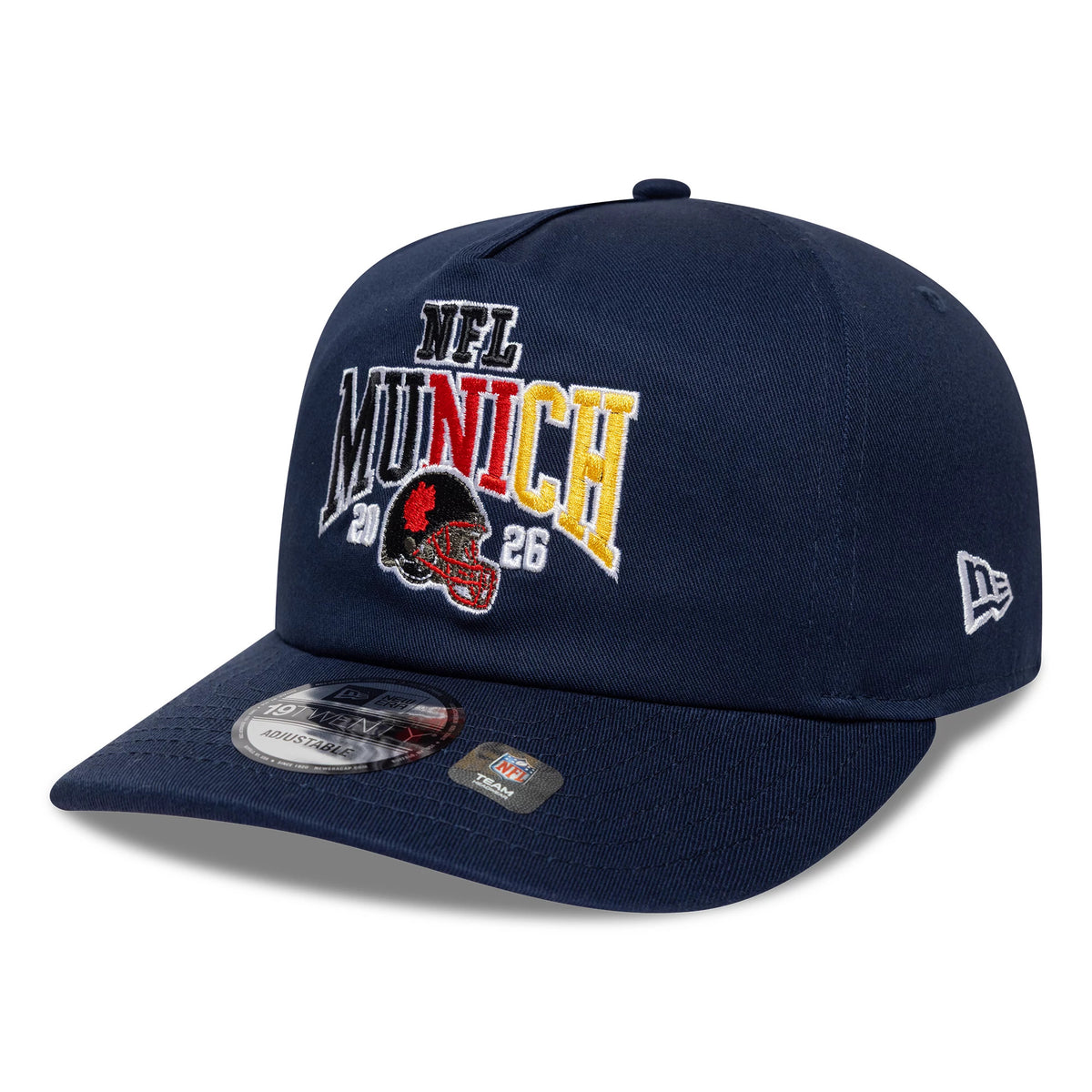 New England Patriots NFL International Games 2026 Munich Dark Blue New Era 19TWENTY Adjustable Cap, three-quarter view showing the multicoloured NFL Munich embroidered logo on the front panel, flat blue visor with 19TWENTY size sticker.