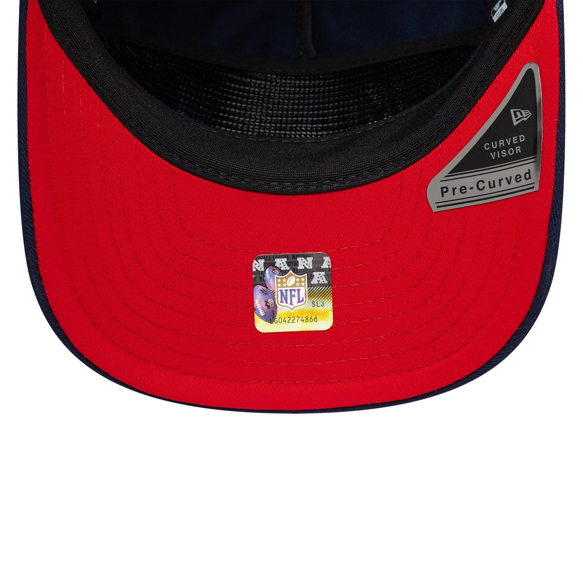 New England Patriots NFL International Games 2026 Munich Dark Blue New Era 19TWENTY Adjustable Cap, inside view showing the red undervisor with an NFL shield sticker, black taped seams and a black sweatband along the curved pre-curved visor edge.