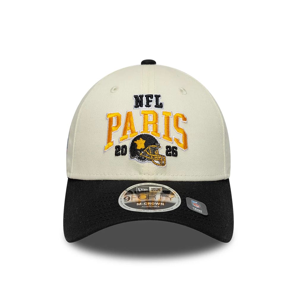 Pictured is this NFL International Games 2026 Paris Pittsburgh Steelers 9FORTY M-Crown cap in white & black. 2