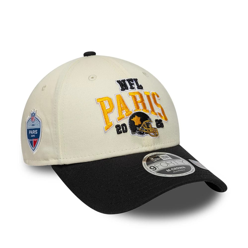 Pictured is this NFL International Games 2026 Paris Pittsburgh Steelers 9FORTY M-Crown cap in white & black. 1