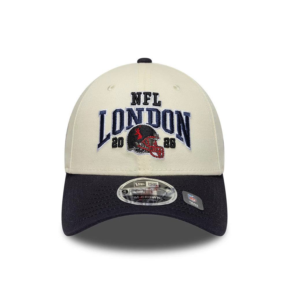 Texans NFL International Games 2026 London White & Black New Era 9FORTY M-Crown Adjustable Cap, front view showing raised navy and black NFL London 2026 embroidery on the white crown, a black flat visor with a 9FORTY size sticker.