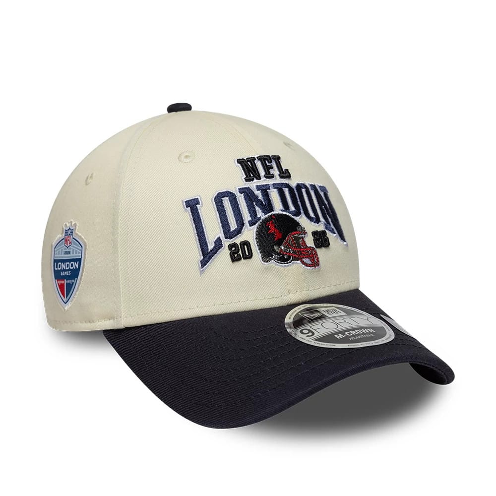Texans NFL International Games 2026 London White & Black New Era 9FORTY M-Crown Adjustable Cap, front view showing the embroidered NFL London text and helmet graphic on the white crown, with a black visor and 9FORTY size sticker.