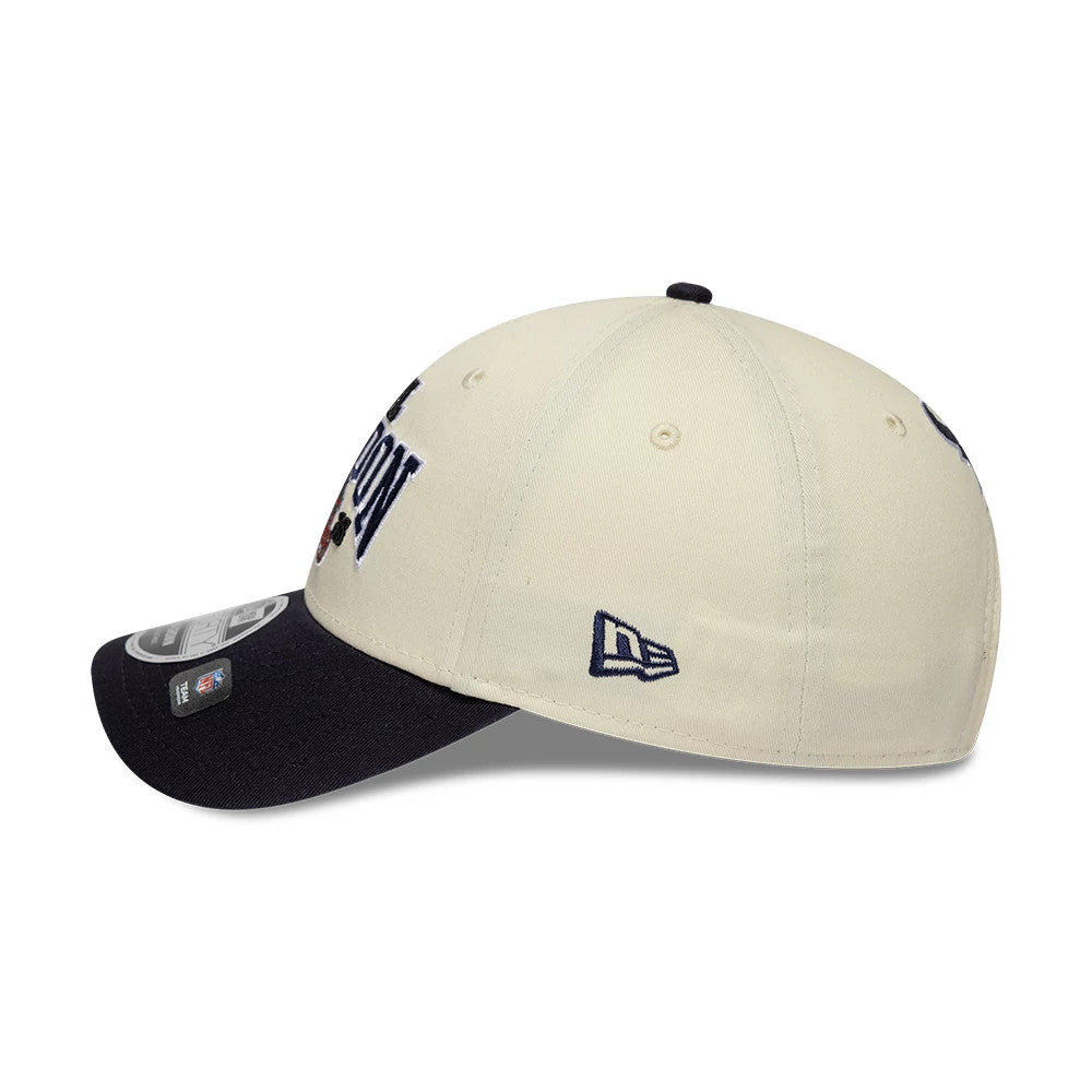 Texans NFL International Games 2026 London White & Black New Era 9FORTY M-Crown Adjustable Cap, side view showing the embroidered New Era flag logo on the left side, a cream crown with eyelets.