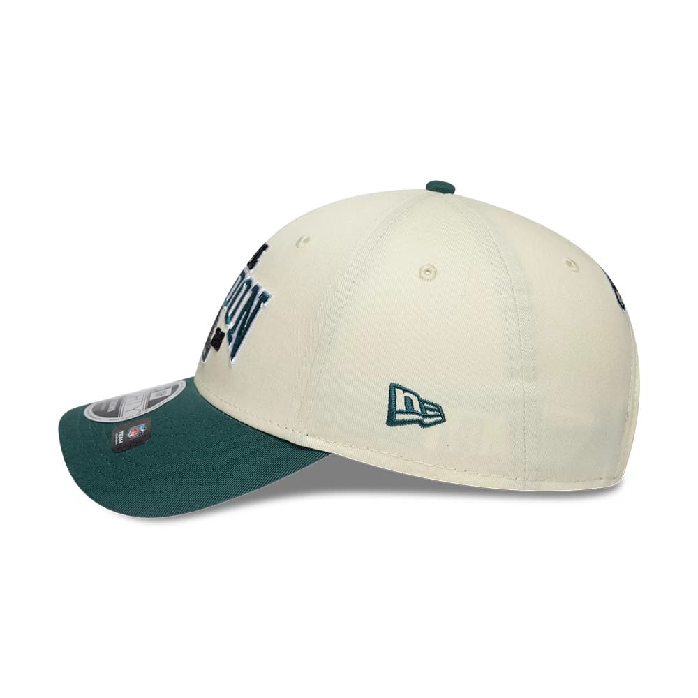 Pictured is this NFL International Series Games 2026 London Philadelphia Eagles 9FORTY M-Crown cap in white & dark green. 4