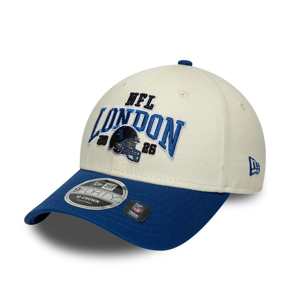 Colts NFL International Games 2026 London White & Blue New Era 9FORTY M-Crown Adjustable Cap, front view showing raised blue and black NFL London 2026 embroidery and a black helmet, with a contrasting blue curved visor and 9FORTY size sticker.
