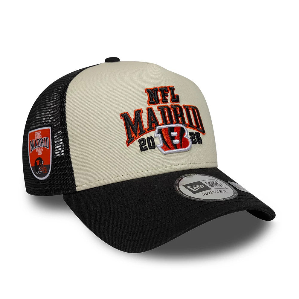 Pictured is this NFL International Games 2026 Madrid Cincinnati Bengals 9FORTY A-Frame Trucker cap in black. 1