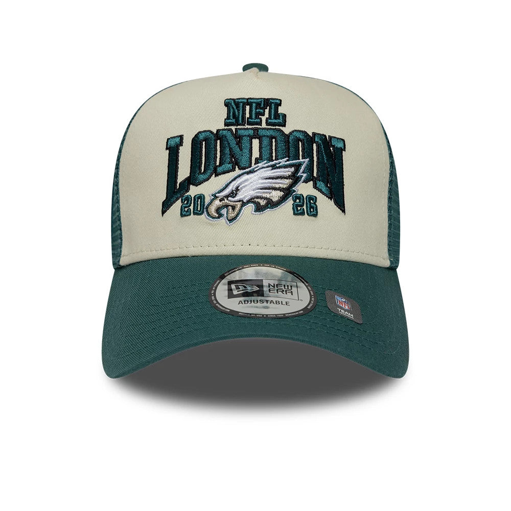 Pictured is this NFL International Games 2026 London Philadelphia Eagles 9FORTY A-Frame Trucker cap in dark green. 2