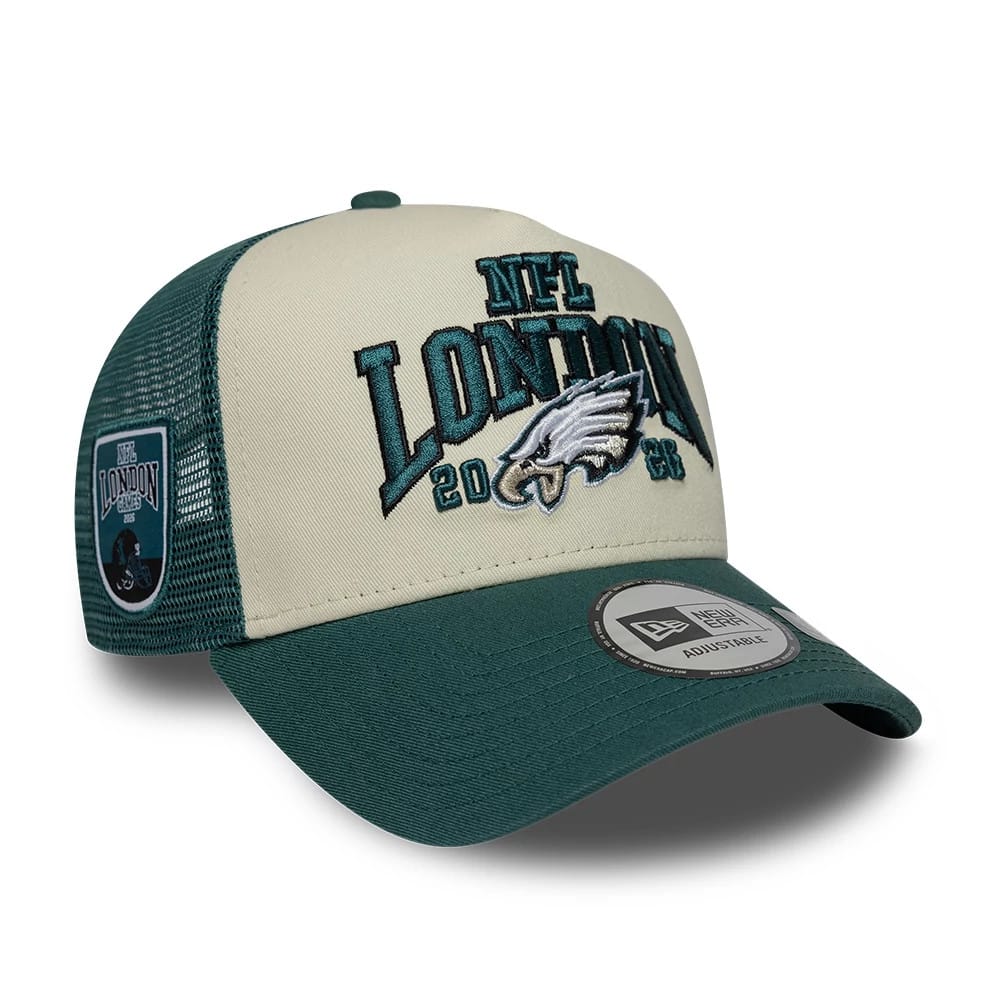 Pictured is this NFL International Games 2026 London Philadelphia Eagles 9FORTY A-Frame Trucker cap in dark green. 1