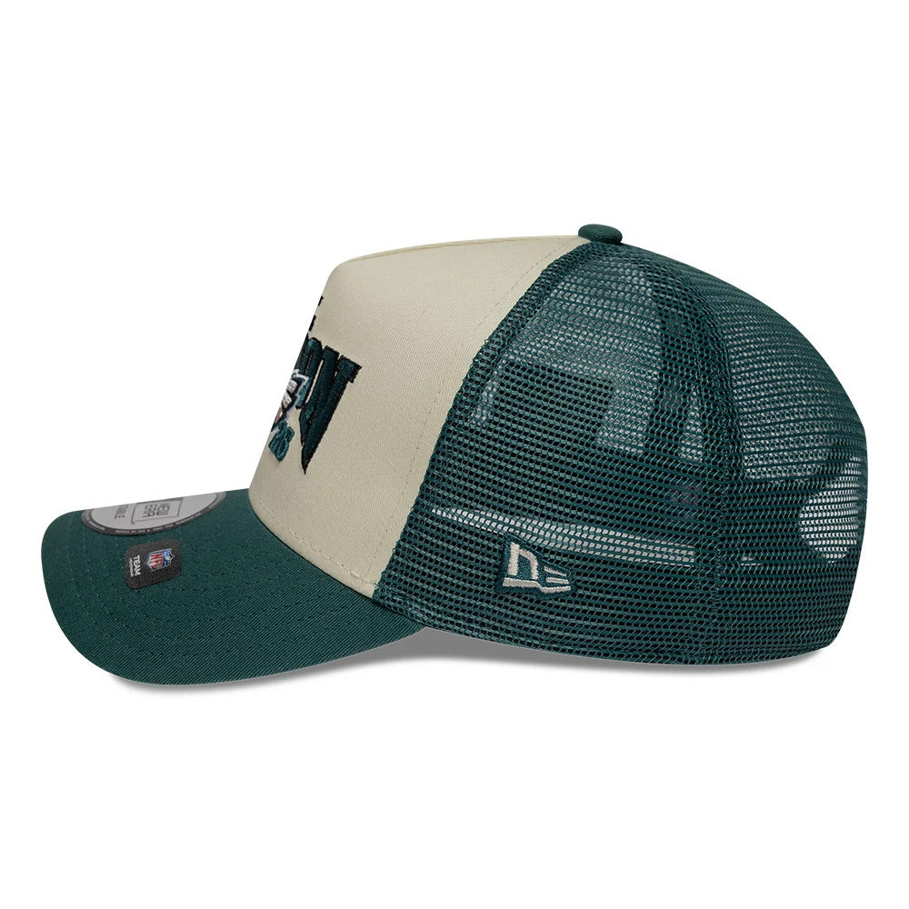 Pictured is this NFL International Games 2026 London Philadelphia Eagles 9FORTY A-Frame Trucker cap in dark green. 4