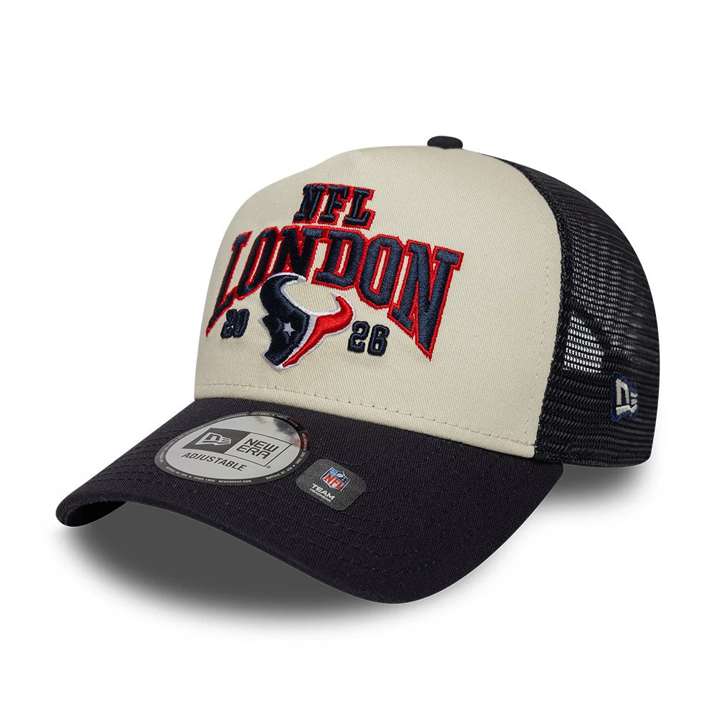 Pictured is this NFL International Games 2026 London Houston Texans 9FORTY A-Frame Trucker cap in navy. 3