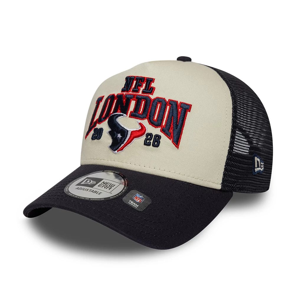 Texans NFL International Games 2026 London Navy New Era 9FORTY A-Frame Trucker Adjustable Cap, front view showing the red and blue embroidered NFL London and Texans logo on the beige crown, navy visor with 9FORTY size sticker, and mesh rear panels.