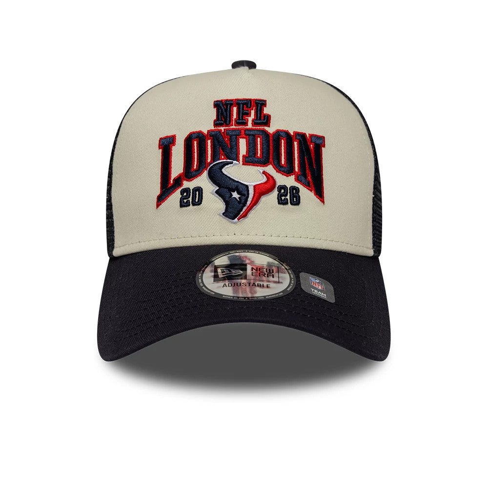 Pictured is this NFL International Games 2026 London Houston Texans 9FORTY A-Frame Trucker cap in navy. 2