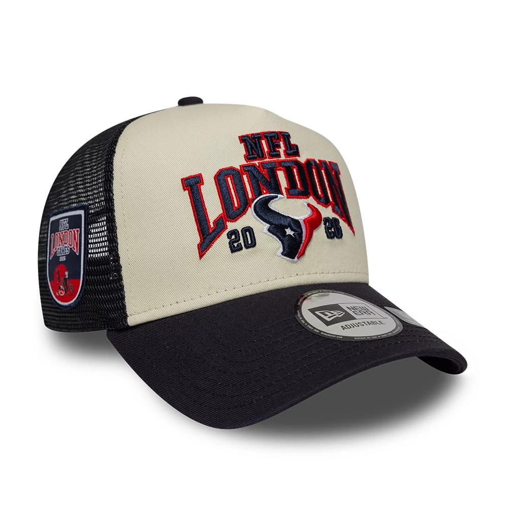 Pictured is this NFL International Games 2026 London Houston Texans 9FORTY A-Frame Trucker cap in navy. 1