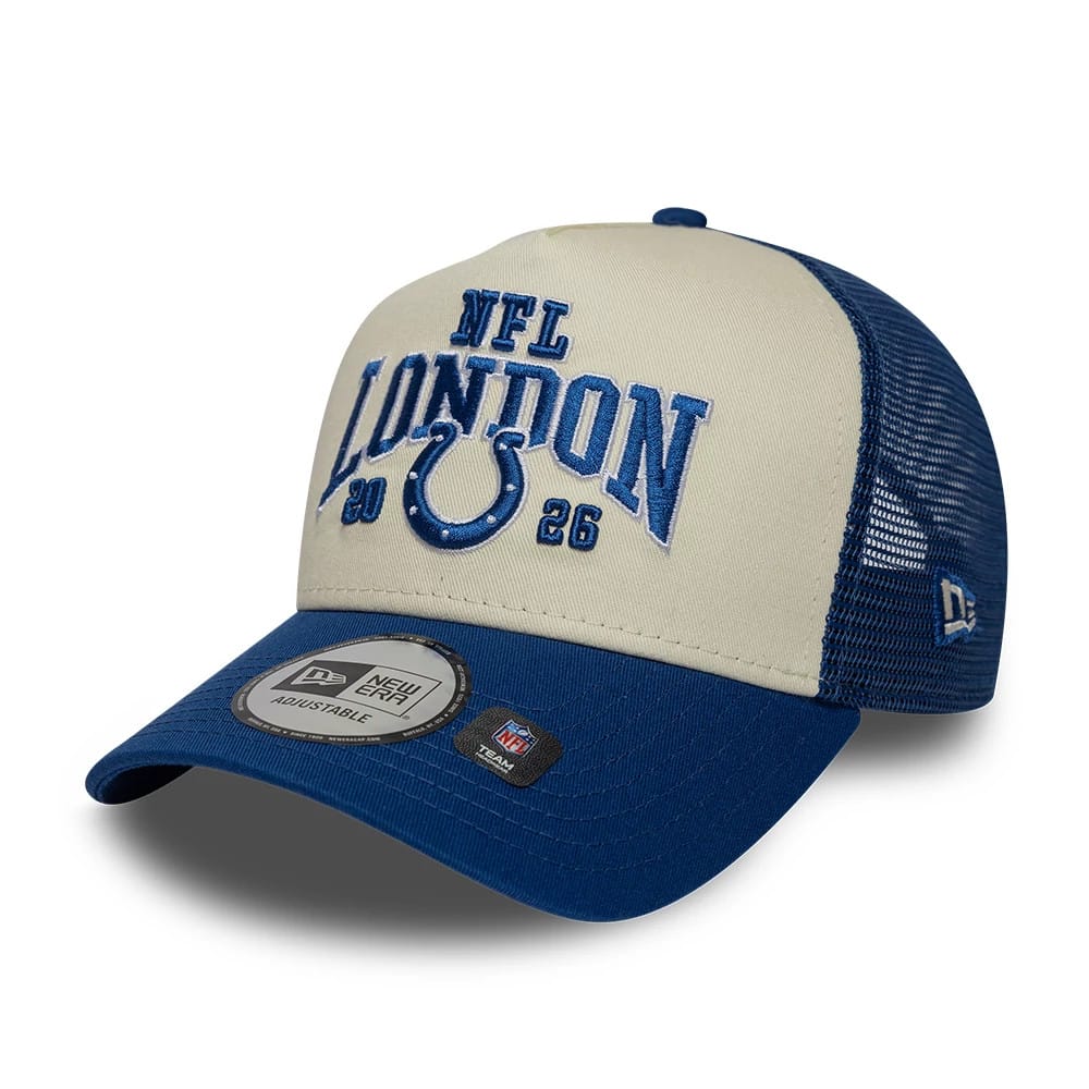Colts NFL International Games 2026 London Blue New Era 9FORTY A-Frame Trucker Adjustable Cap, front view showing the raised embroidered NFL London 2026 logo in blue on the cream front panel, with a blue visor and 9FORTY size sticker.