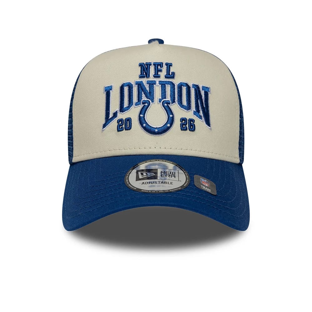 Pictured is this NFL International Games 2026 London Indianapolis Colts 9FORTY A-Frame Trucker cap in blue. 2