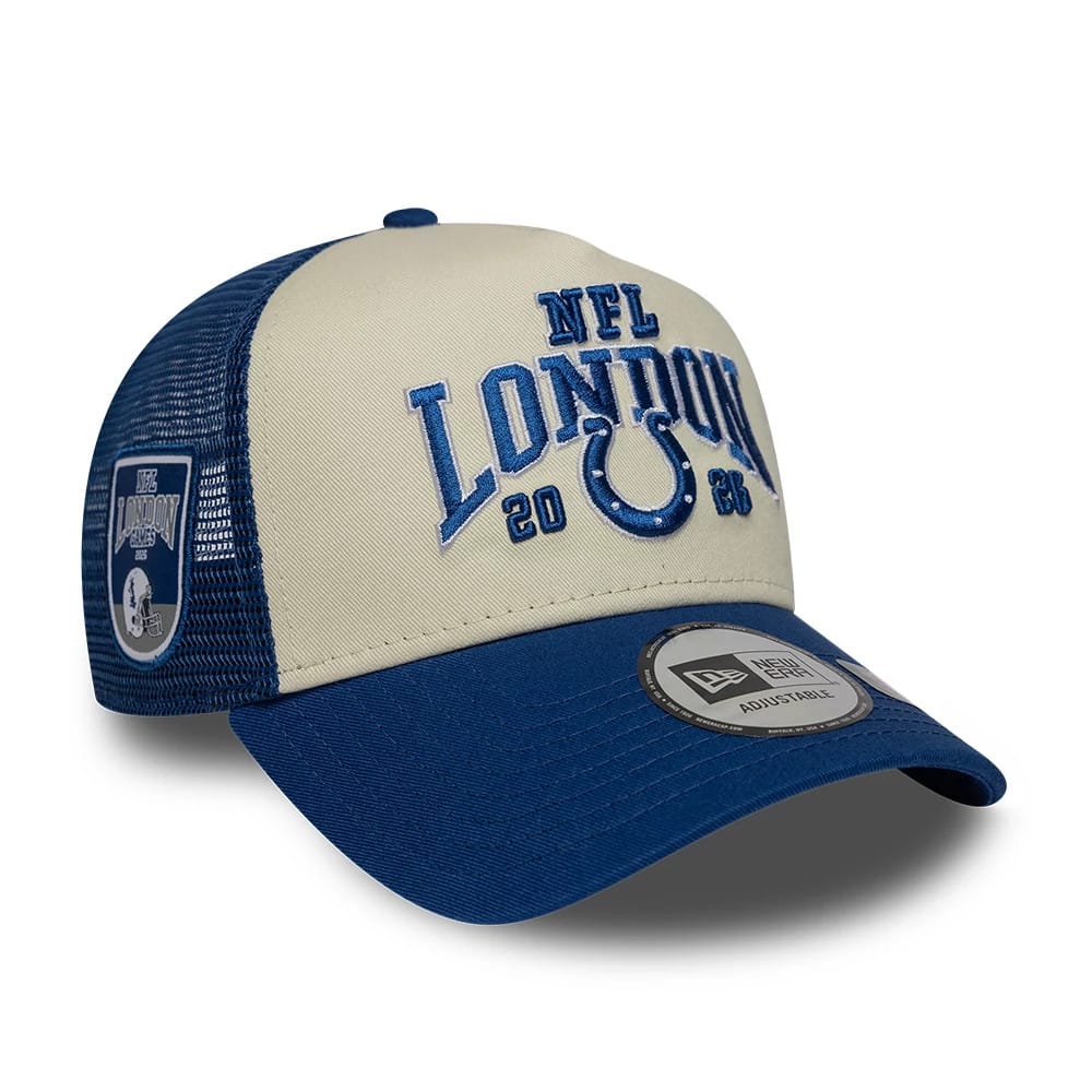 Pictured is this NFL International Games 2026 London Indianapolis Colts 9FORTY A-Frame Trucker cap in blue. 1