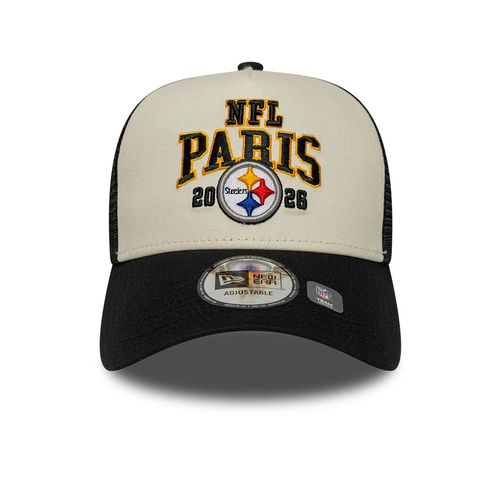 Pictured is this NFL International Games 2026 Paris Pittsburgh Steelers 9FORTY A-Frame Trucker cap in black. 2