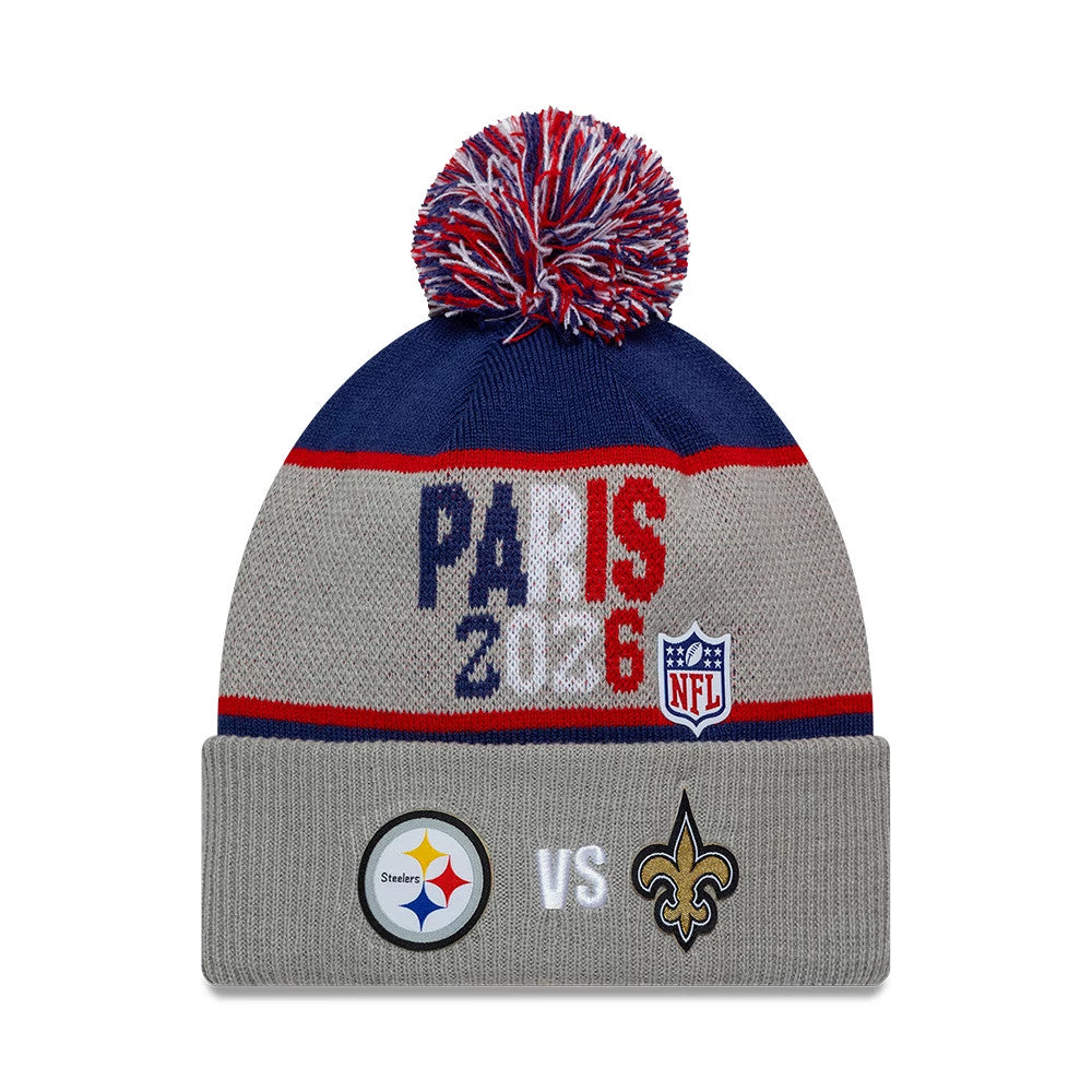 Pictured is this NFL International Games 2026 Paris Pittsburgh Steelers VS New Orleans Saints Dueling Logos Cuff Knit Beanie hat in grey. 1