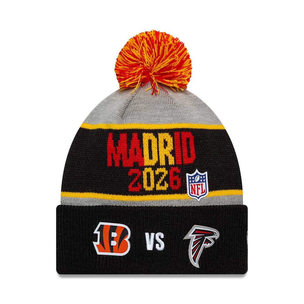 Pictured is this NFL International Games 2026 Madrid Cincinnati Bengals VS Atlanta Falcons Dueling Logos Cuff Knit Beanie hat in black. 1