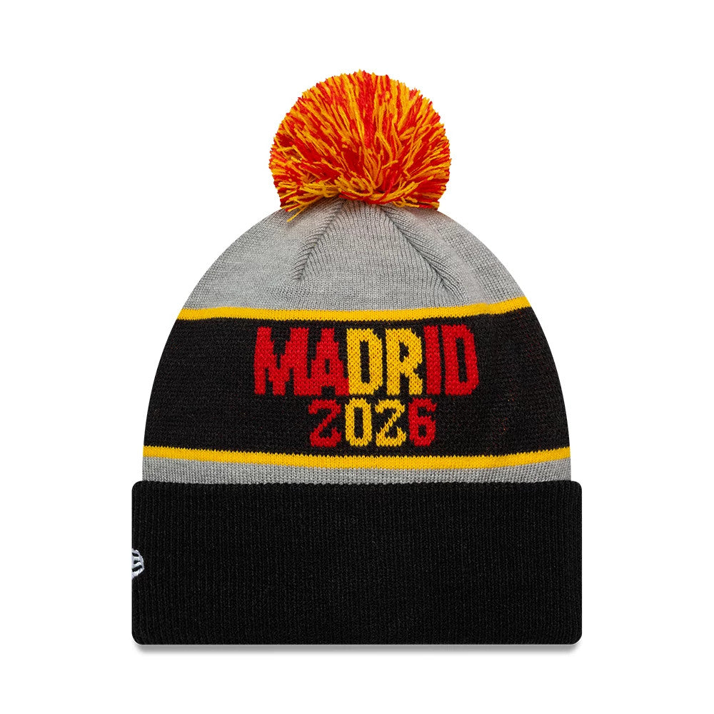 Pictured is this NFL International Games 2026 Madrid Cincinnati Bengals VS Atlanta Falcons Dueling Logos Cuff Knit Beanie hat in black. 2
