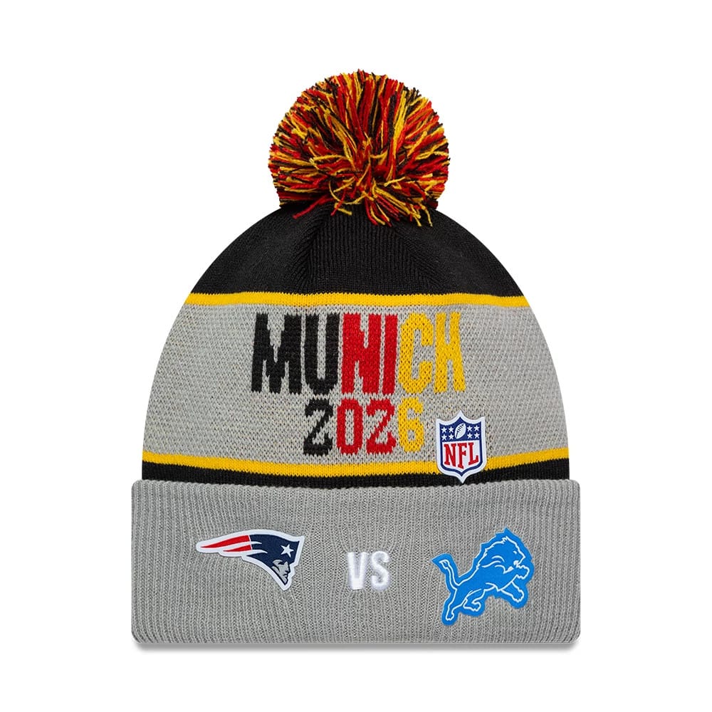 Pictured is this NFL International Games 2026 Munich New England Patriots VS Detroit Lions Dueling Logos Cuff Knit Beanie hat in grey. 1