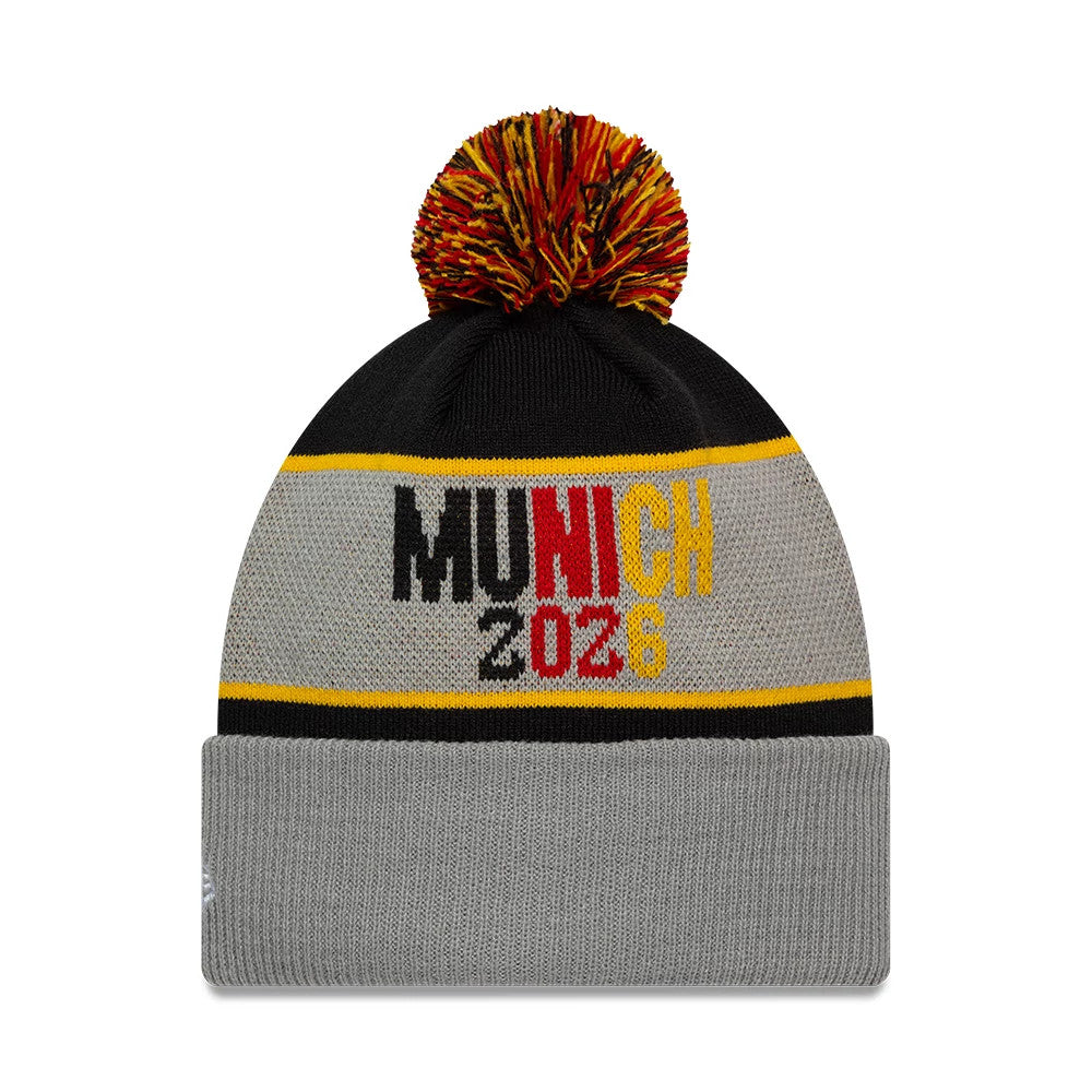 Pictured is this NFL International Games 2026 Munich New England Patriots VS Detroit Lions Dueling Logos Cuff Knit Beanie hat in grey. 2