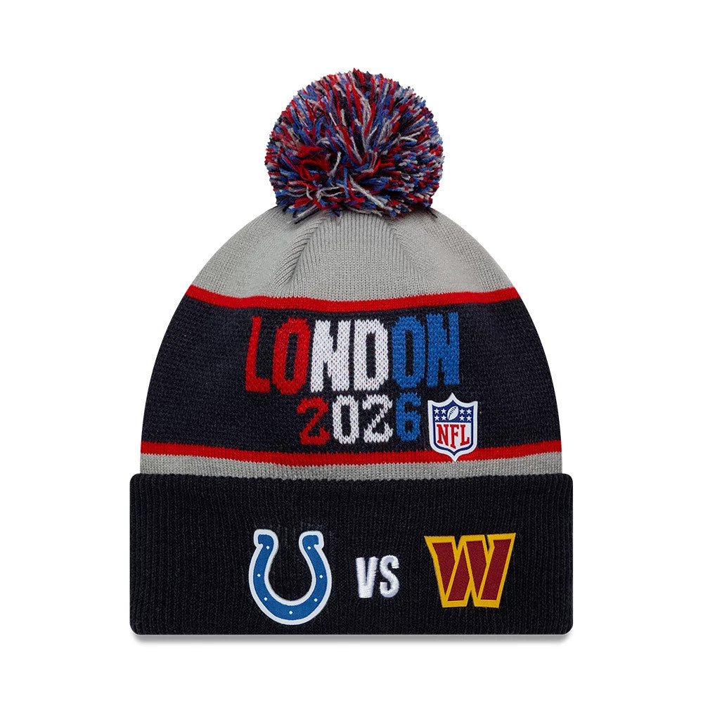 Pictured is this NFL International Games 2026 London Indianapolis Colts VS Washington Commanders Dueling Logos Cuff Knit Beanie hat in navy. 1