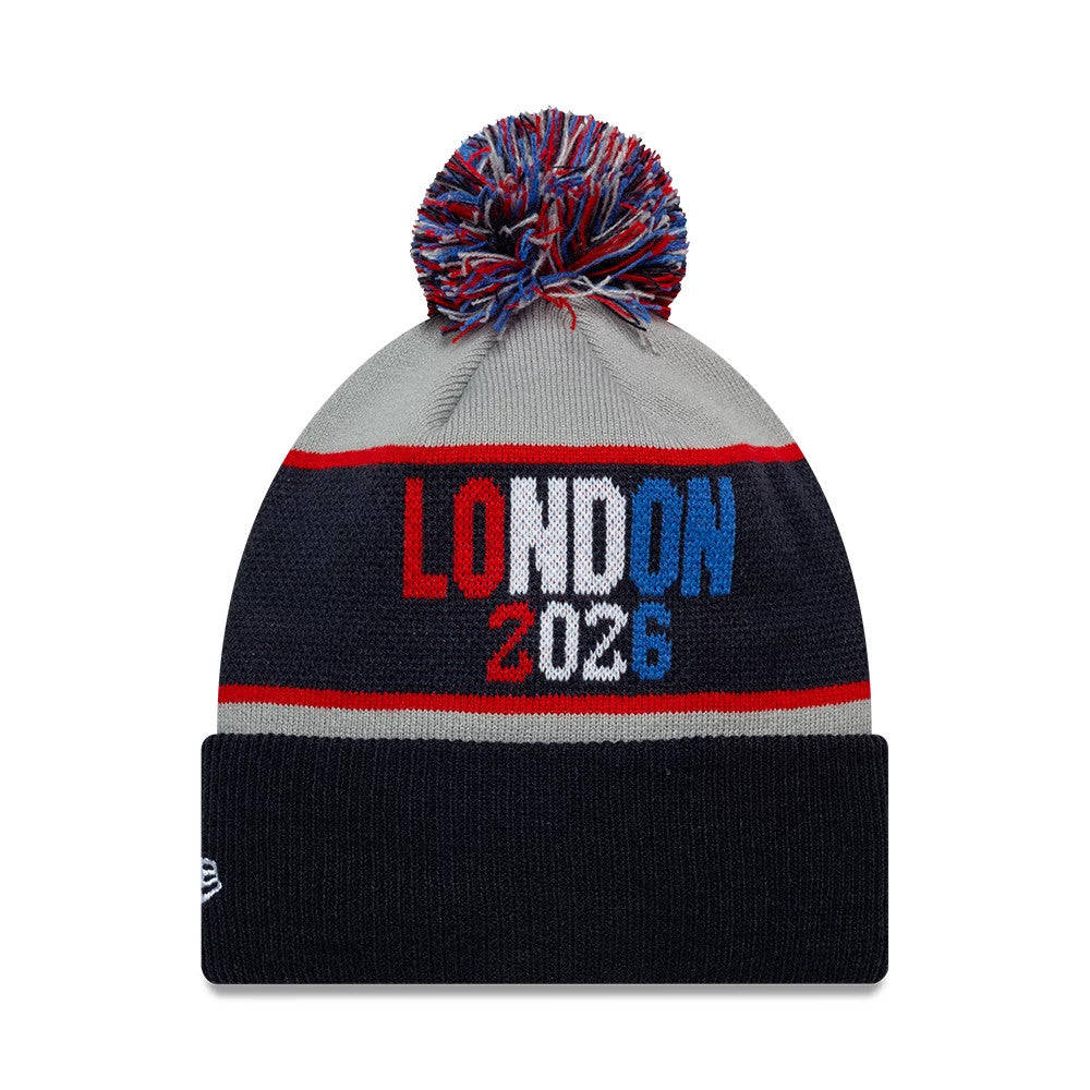 Pictured is this NFL International Games 2026 London Indianapolis Colts VS Washington Commanders Dueling Logos Cuff Knit Beanie hat in navy. 2