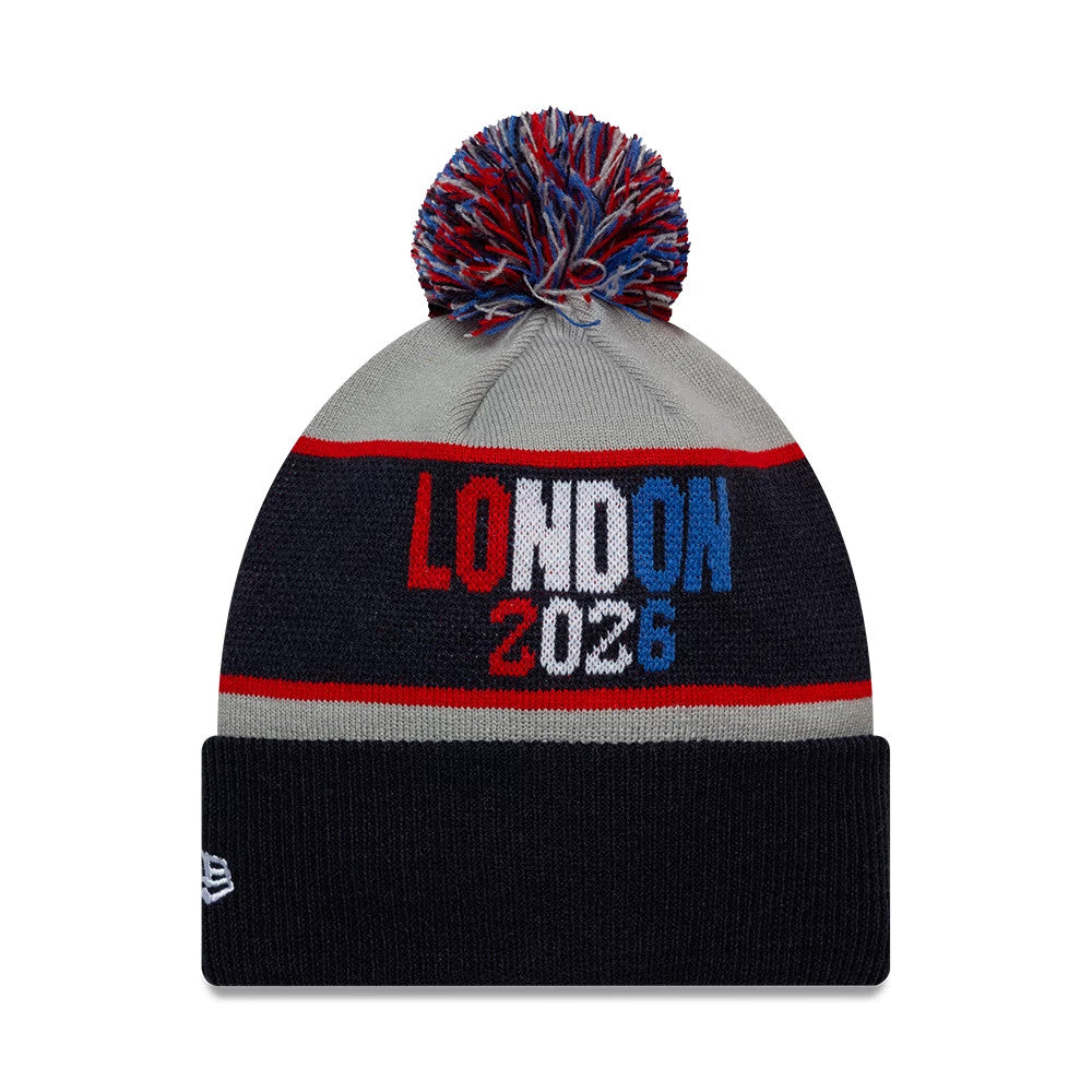 Pictured is this NFL International Games 2026 London Philadelphia Eagles VS Jacksonville Jaguars Dueling Logos Cuff Knit Beanie hat in navy. 2