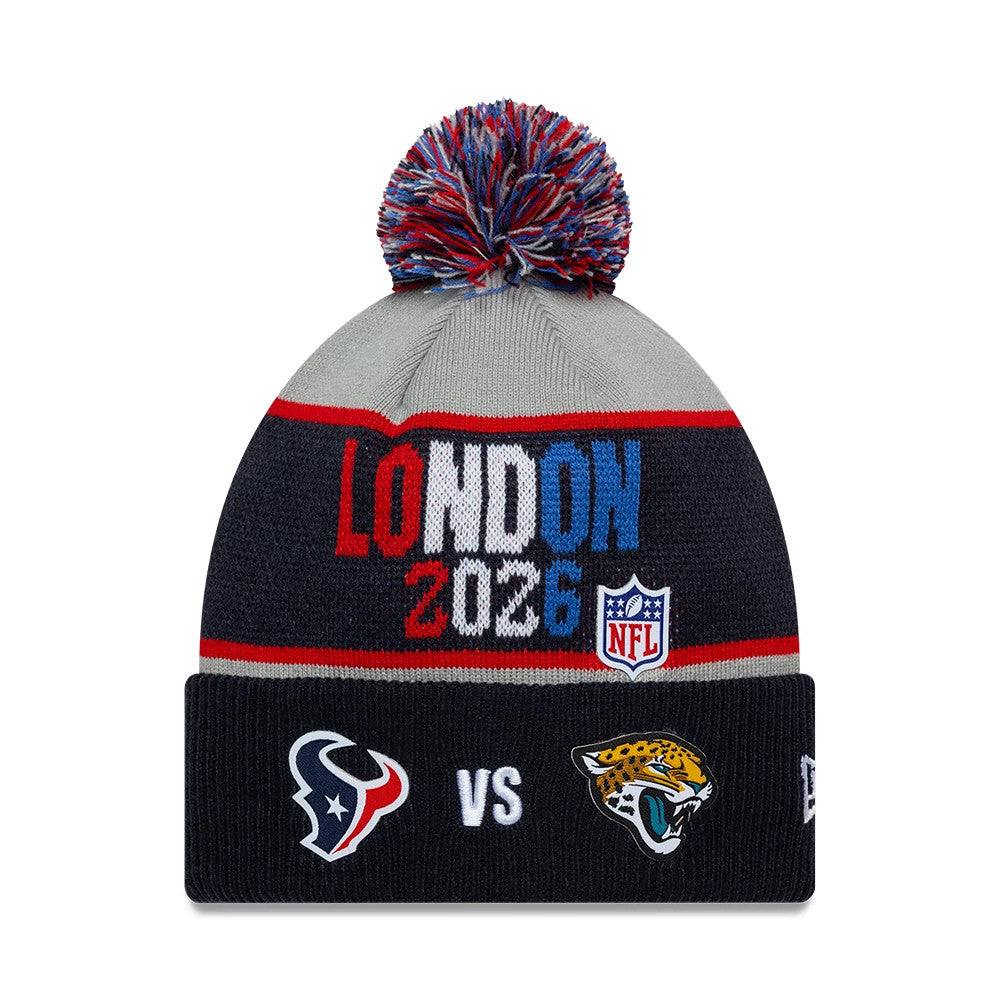 Pictured is this NFL International Games 2026 London Houston Texans VS Jacksonville Jaguars Dueling Logos Cuff Knit Beanie hat in navy. 1