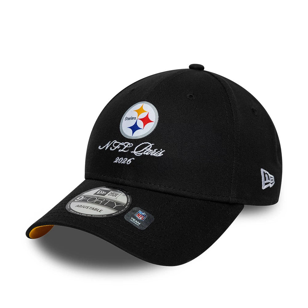 Pictured is this NFL International Games 2026 Paris Pittsburgh Steelers 9FORTY cap in black. 4