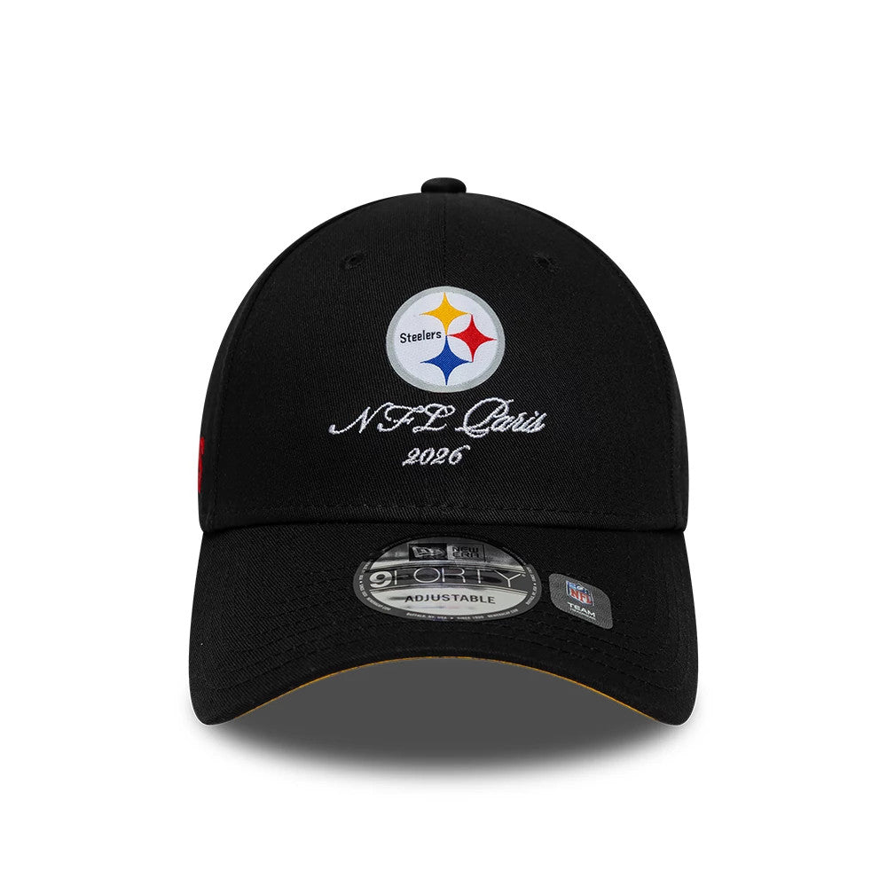 Pictured is this NFL International Games 2026 Paris Pittsburgh Steelers 9FORTY cap in black. 3