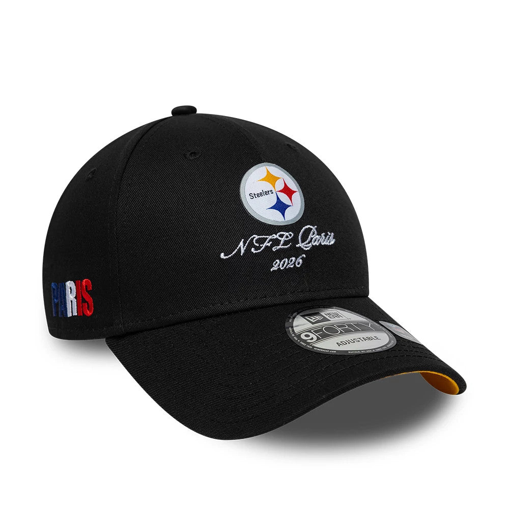 Pictured is this NFL International Games 2026 Paris Pittsburgh Steelers 9FORTY cap in black. 1