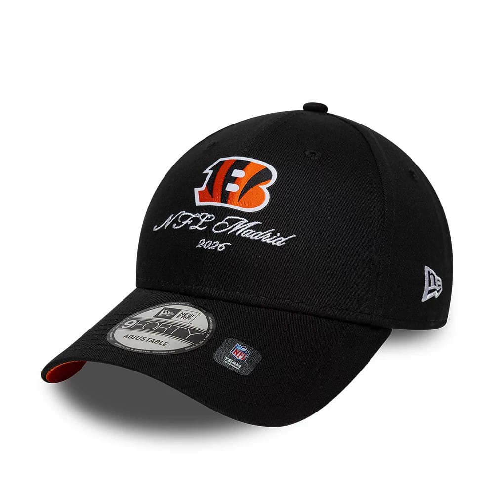 Cincinnati Bengals NFL International Games 2026 Madrid Black New Era 9FORTY Adjustable Cap, three-quarter view showing the raised orange and white Bengals logo and white NFL Madrid 2026 script on the front panel.