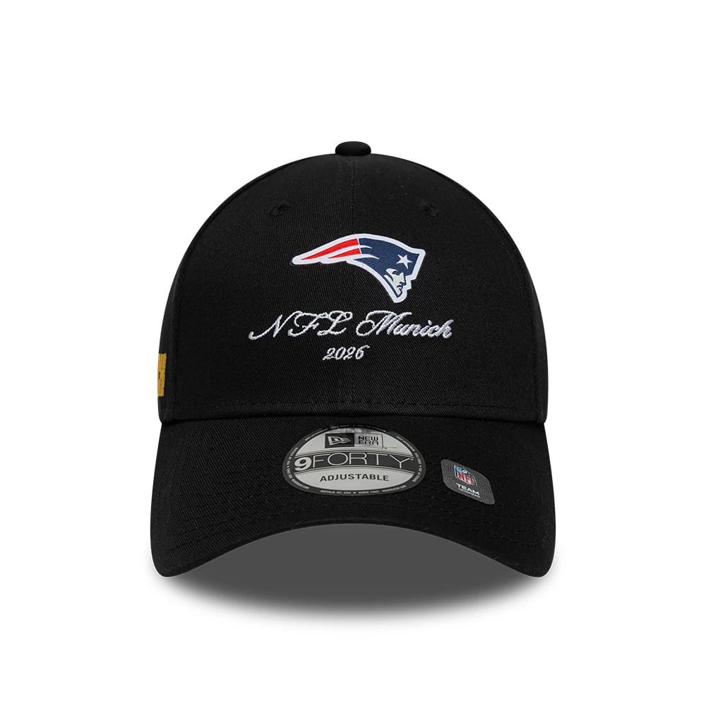 New England Patriots NFL International Games 2026 Munich Black New Era 9FORTY Adjustable Cap, front view showing the white and red embroidered Patriots logo and 'NFL Munich 2026' text on the structured black crown.