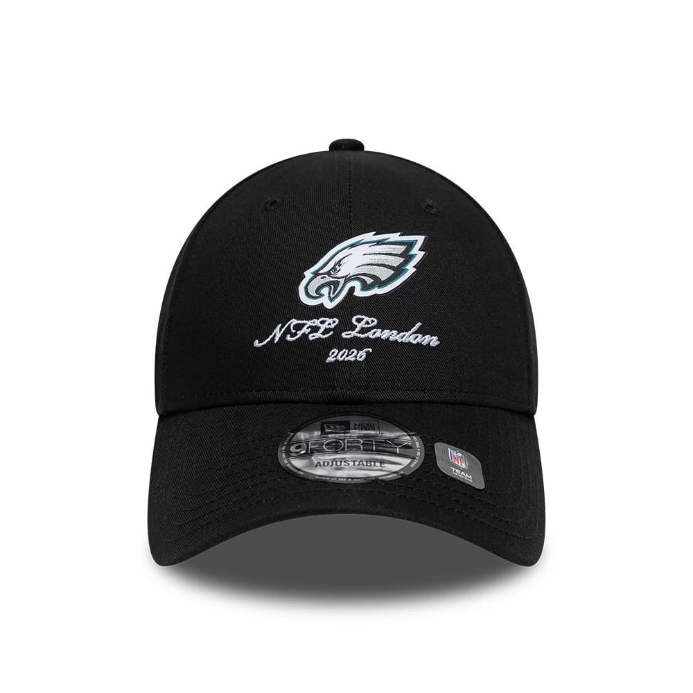 Philadelphia Eagles NFL International Games 2026 London Black New Era 9FORTY Adjustable Cap, front view showing the raised embroidered Eagles logo in green, black and white on the structured black crown, with an NFL London 2026 script below.