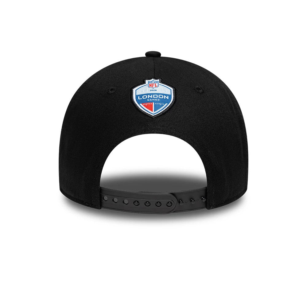Philadelphia Eagles NFL International Games 2026 London Black New Era 9FORTY Adjustable Cap, rear view showing the embroidered NFL London Games 2026 logo centred on the black back panels, above the adjustable snap closure.