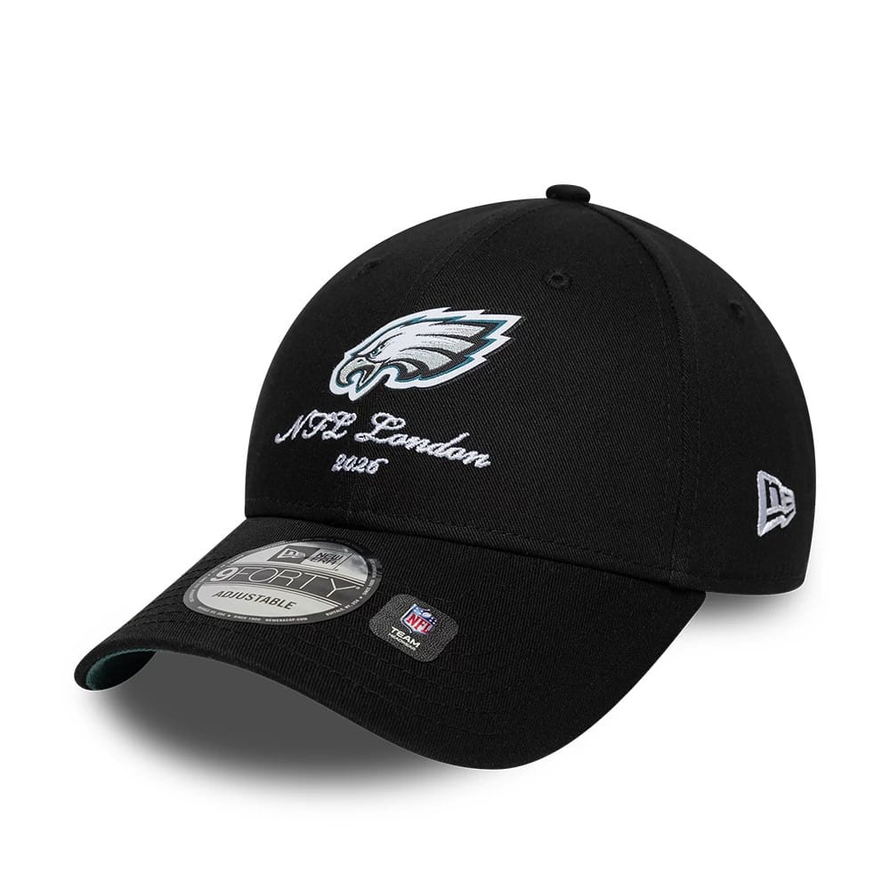 Philadelphia Eagles NFL International Games 2026 London Black New Era 9FORTY Adjustable Cap, front view showing the team logo in raised embroidery on the black front panel, with an NFL London 2026 script, curved visor, and 9FORTY size sticker.