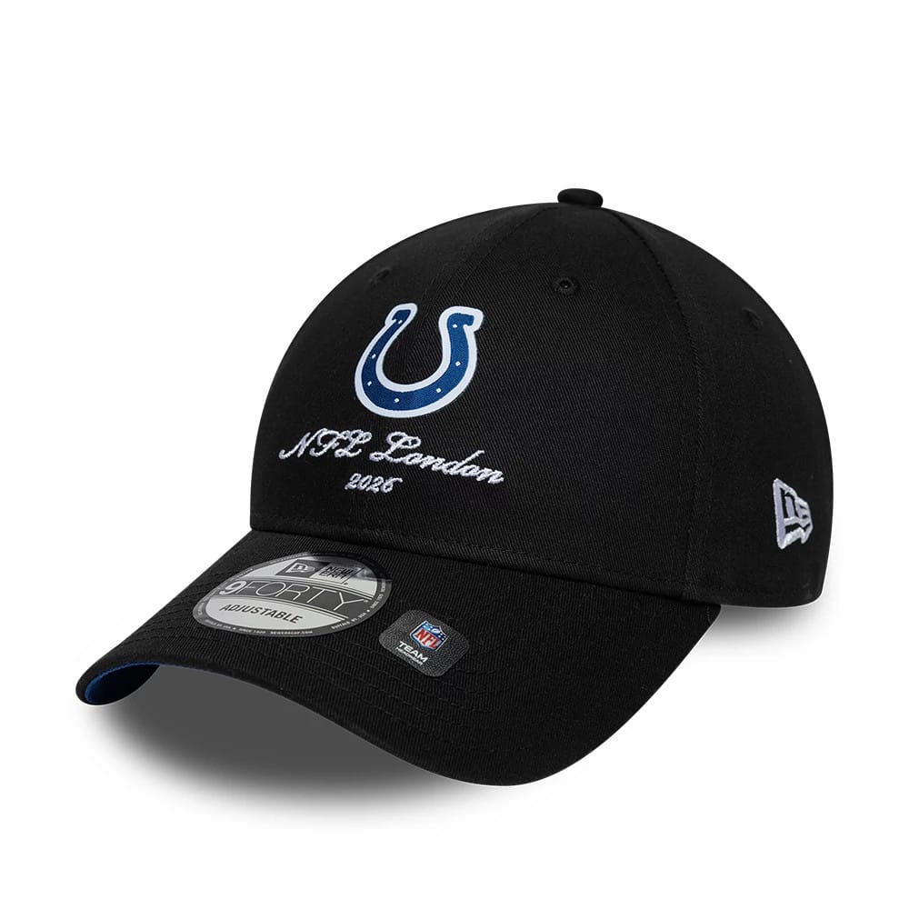 Indianapolis Colts NFL International Games 2026 London Black New Era 9FORTY Adjustable Cap, front view showing the blue and white embroidered Colts logo above the script NFL London 2026, with a curved black visor and 9FORTY size sticker.