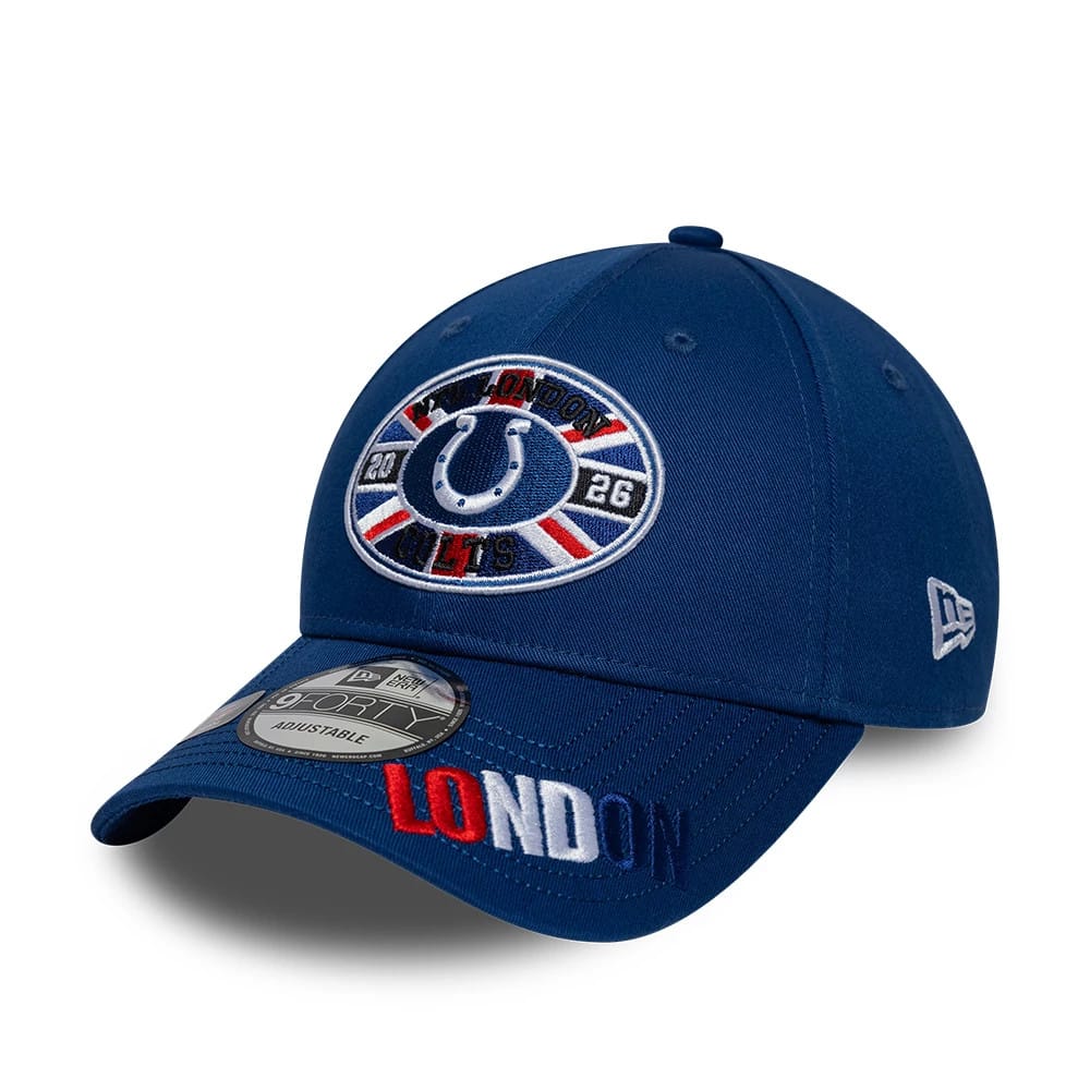 Indianapolis Colts NFL International Games 2026 London Blue New Era 9FORTY Adjustable Cap, front view showing the embroidered horseshoe logo front panel with Union Jack accents, blue visor with LONDON lettering, and 9FORTY size sticker.